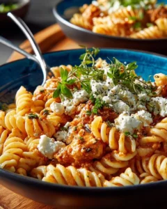 Creamy Buffalo Chicken Pasta topped with fresh herbs and served in a bowl