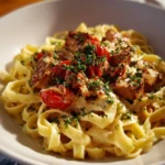 A bowl of Cajun Chicken Fettuccine Alfredo garnished with parsley and spices.