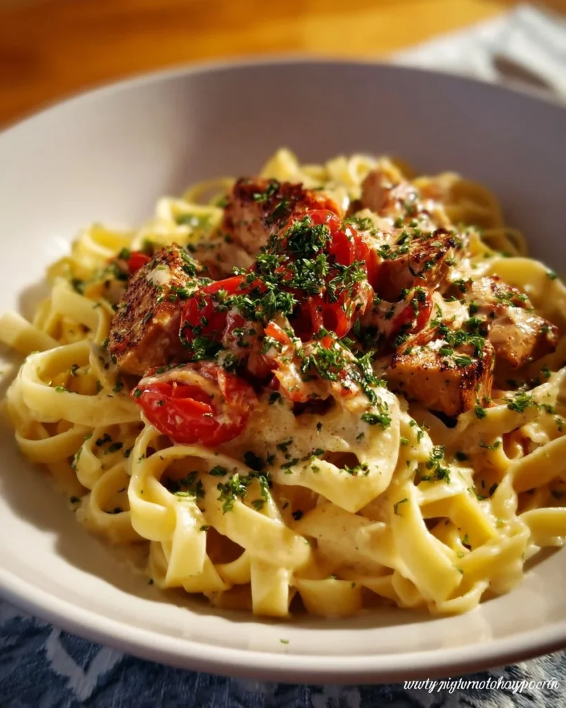 A bowl of Cajun Chicken Fettuccine Alfredo garnished with parsley and spices.