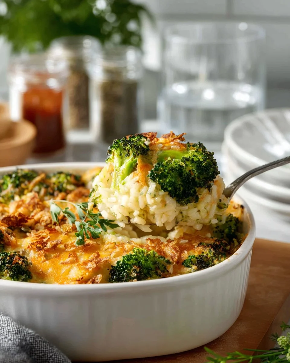 Cheesy broccoli rice casserole dish topped with melted cheese and broccoli florets.