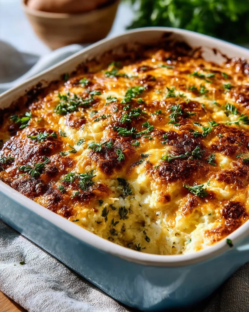 Cheesy chicken and broccoli casserole served in a baking dish