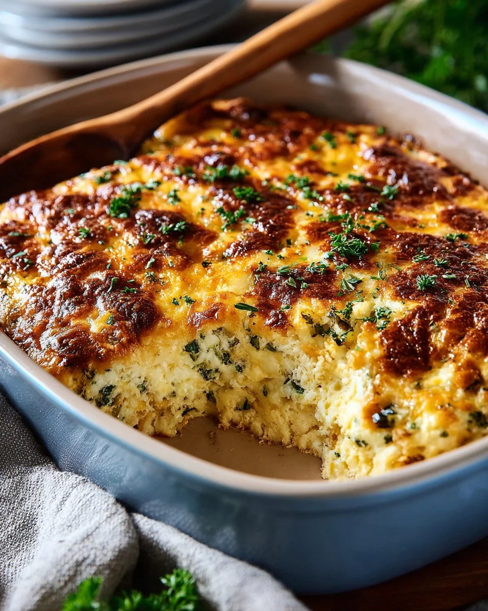 Cheesy Chicken Broccoli Casserole in a baking dish, topped with golden cheese