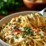 Creamy garlic parmesan spaghetti dish topped with grated cheese and garlic