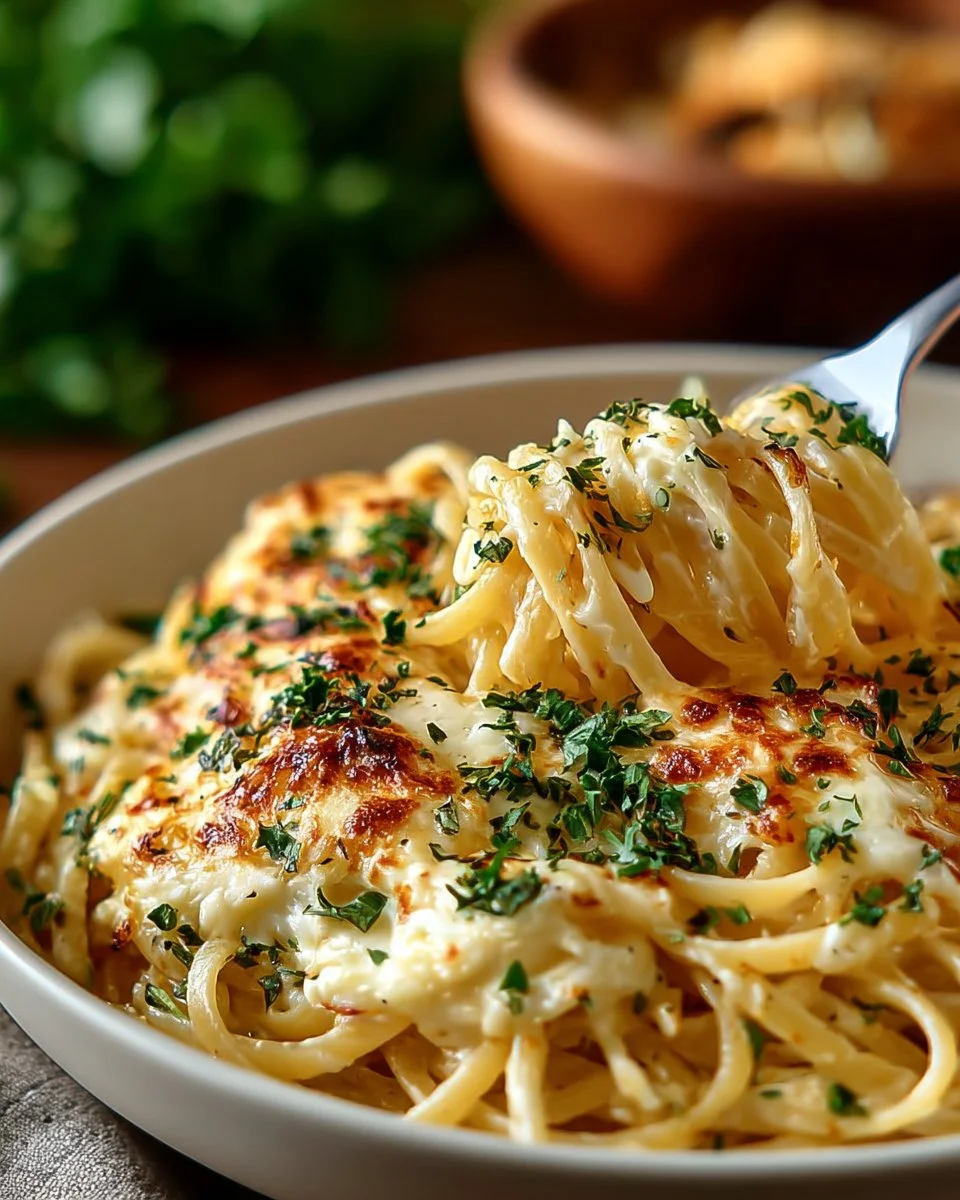 Creamy garlic parmesan spaghetti dish topped with grated cheese and garlic