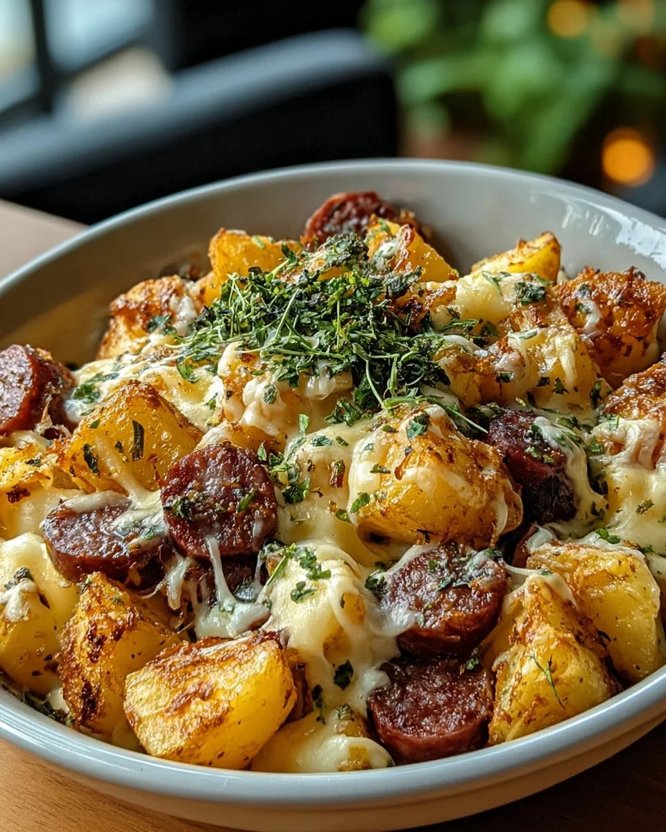 Cheesy ranch potatoes topped with smoked sausage in a baking dish