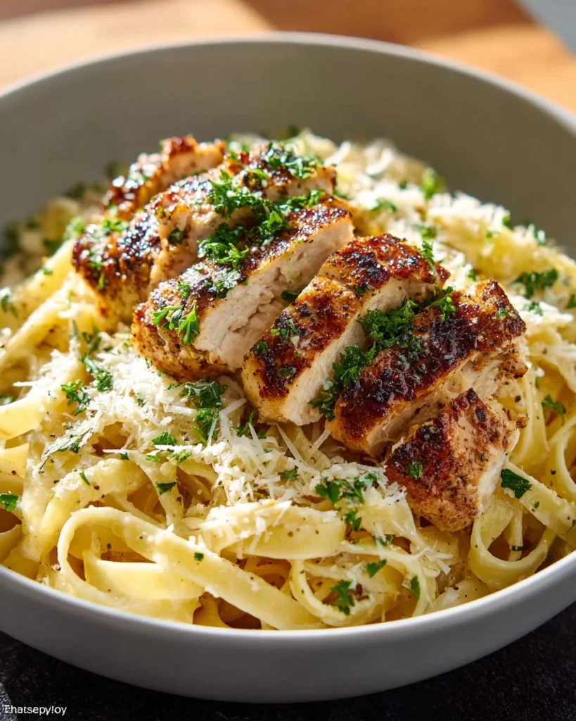 Delicious Chicken Alfredo pasta with rich creamy sauce and tender chicken pieces