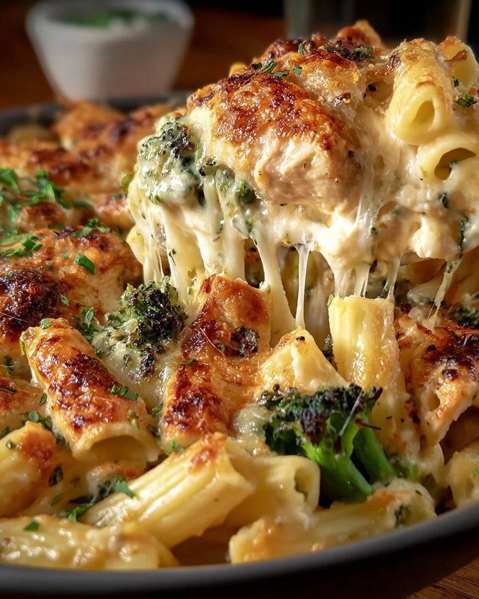 Creamy chicken broccoli alfredo bake topped with cheese and herbs.