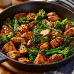Chicken and broccoli stir fry in a colorful dish with vibrant vegetables
