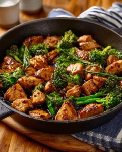 Chicken and broccoli stir fry in a colorful dish with vibrant vegetables