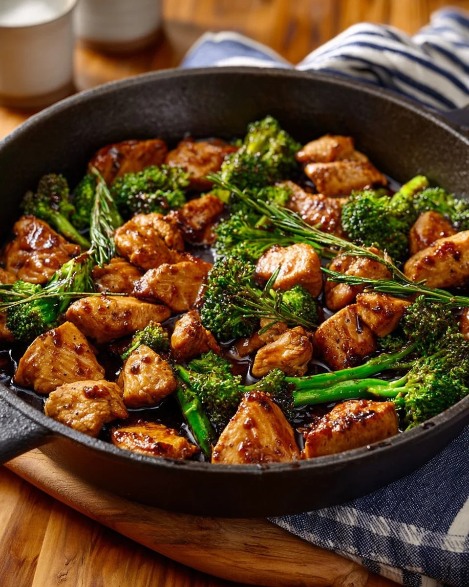 Chicken and broccoli stir fry in a colorful dish with vibrant vegetables