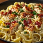 Delicious bowl of Chicken Bacon Ranch Pasta with creamy sauce, chicken, and bacon