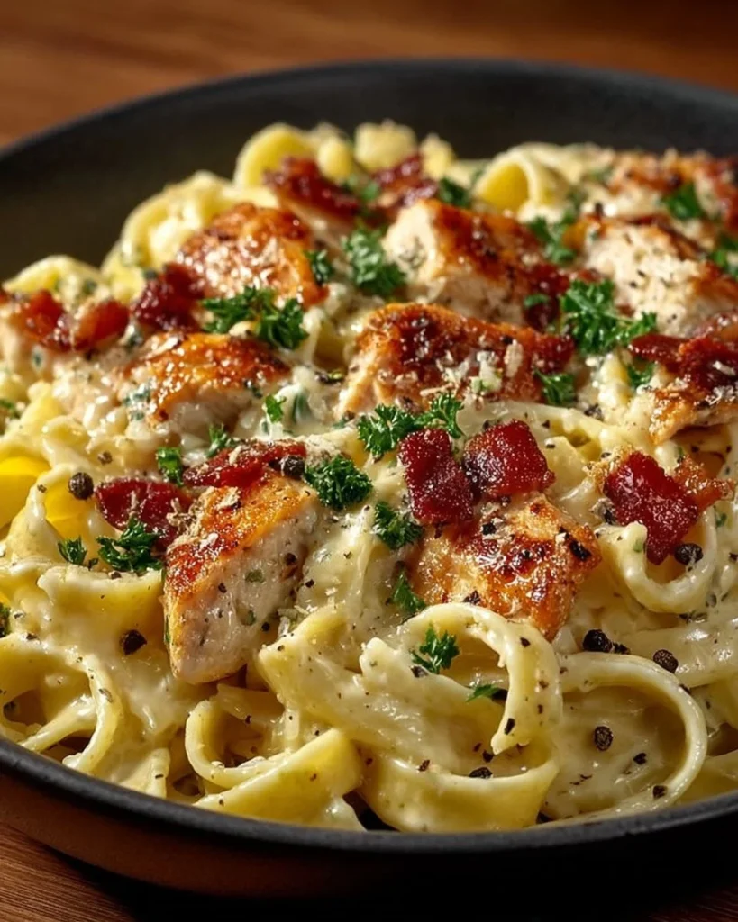 Delicious bowl of Chicken Bacon Ranch Pasta with creamy sauce, chicken, and bacon