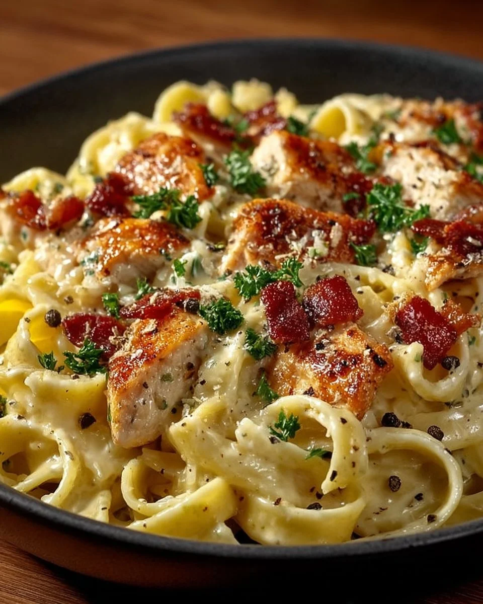 Delicious bowl of Chicken Bacon Ranch Pasta with creamy sauce, chicken, and bacon