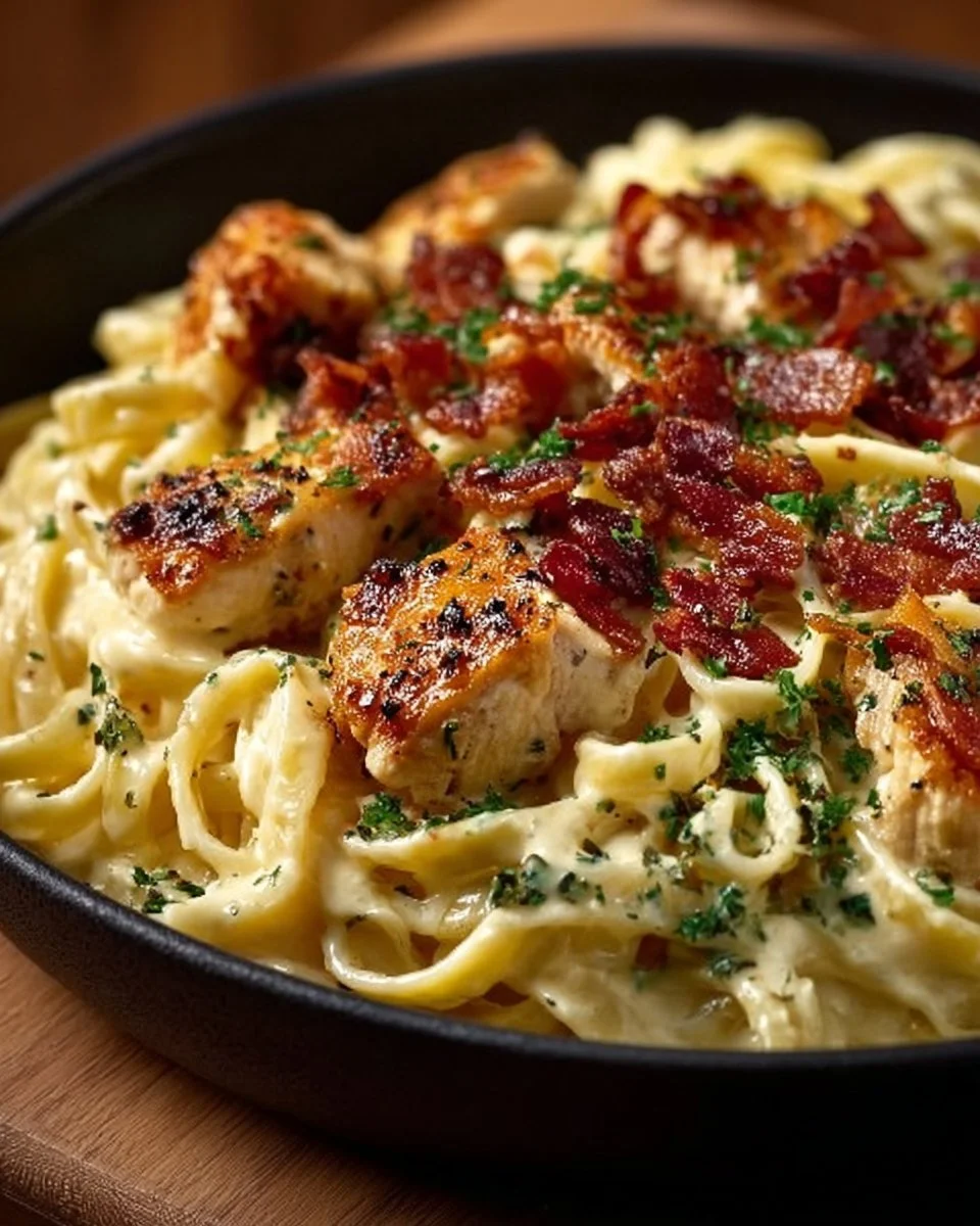 Creamy Chicken Bacon Ranch Pasta served in a bowl with vegetables and herbs.