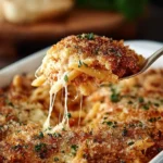 Delicious Chicken Parmesan Baked Pasta topped with cheese and herbs
