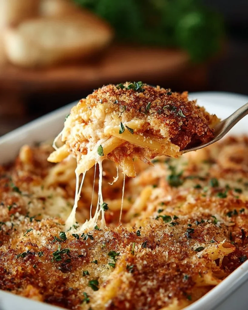 Delicious Chicken Parmesan Baked Pasta topped with cheese and herbs