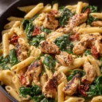 Delicious plate of Chicken Penne Pasta topped with herbs and cheese