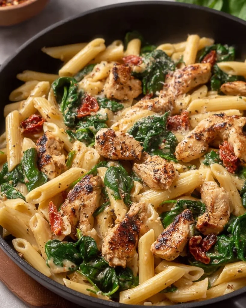 Delicious plate of Chicken Penne Pasta topped with herbs and cheese