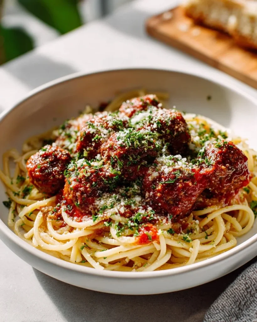 Homemade classic Italian meatballs in marinara sauce served with spaghetti.