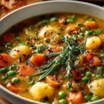 Bowl of creamy vegetable soup with fresh vegetables and herbs