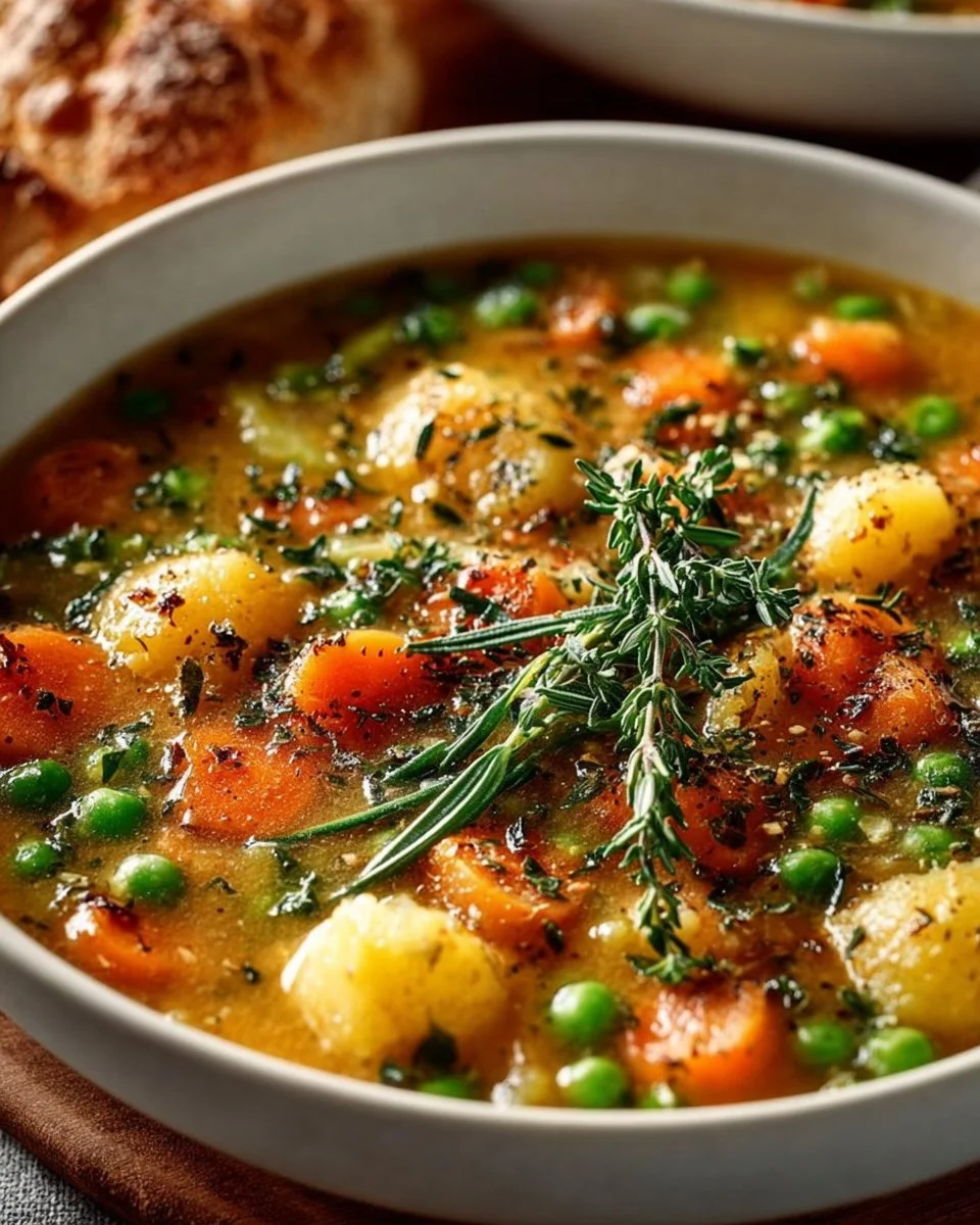 Bowl of creamy vegetable soup with fresh vegetables and herbs