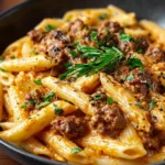 Creamy beef pasta dish served on a plate with herbs and cheese
