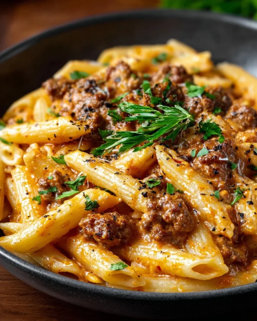 Creamy beef pasta dish served on a plate with herbs and cheese