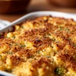 Delicious creamy broccoli casserole topped with cheese and breadcrumbs