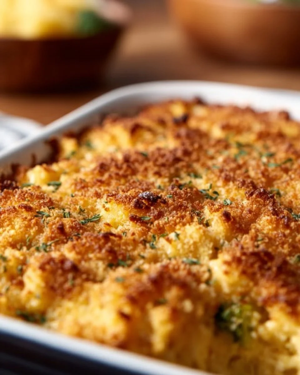 Delicious creamy broccoli casserole topped with cheese and breadcrumbs
