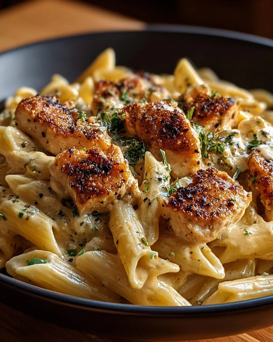 Creamy Cajun Chicken Pasta garnished with parsley and served in a bowl.