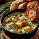 Bowl of creamy cheddar potato soup garnished with herbs and cheese