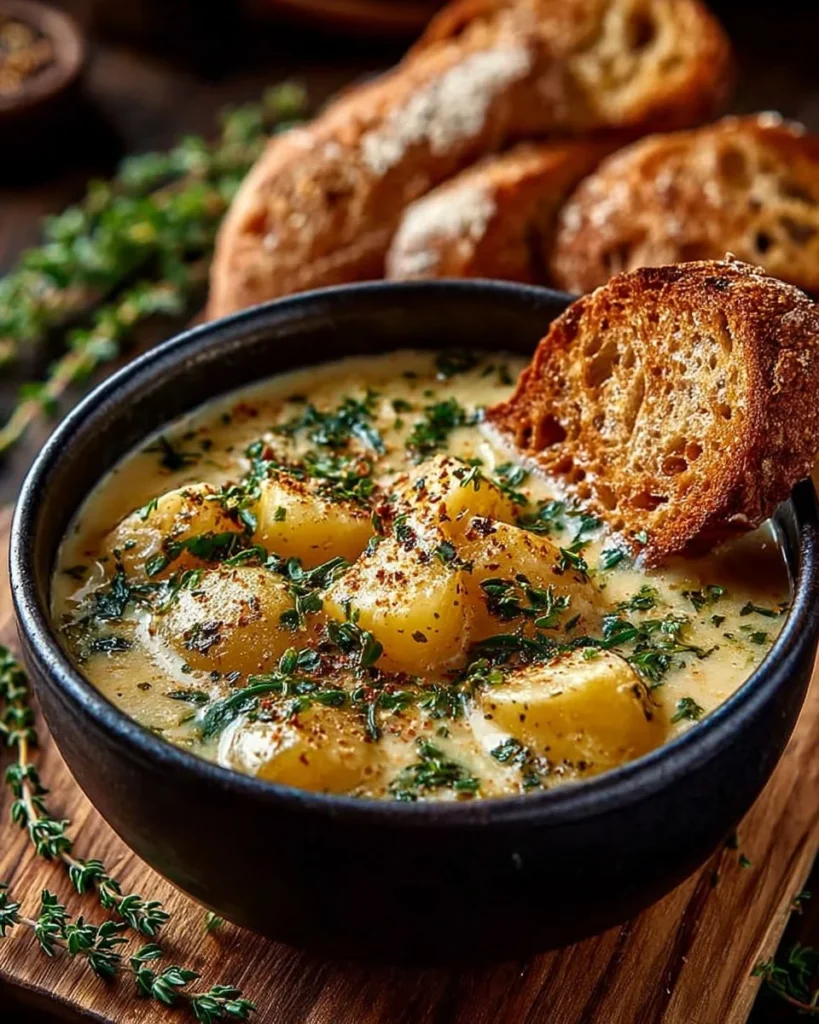 Bowl of creamy cheddar potato soup garnished with herbs and cheese