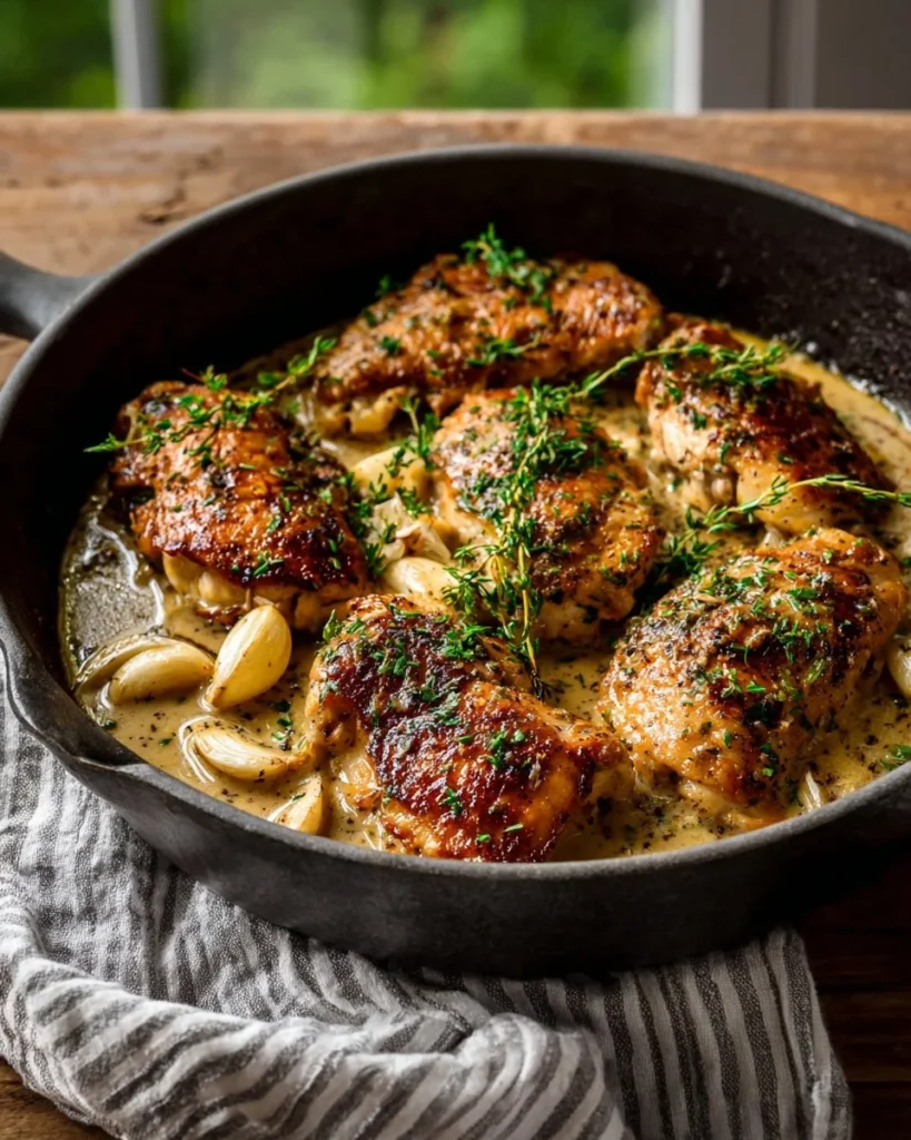 Delicious creamy garlic chicken served on a plate with herbs and garnish.