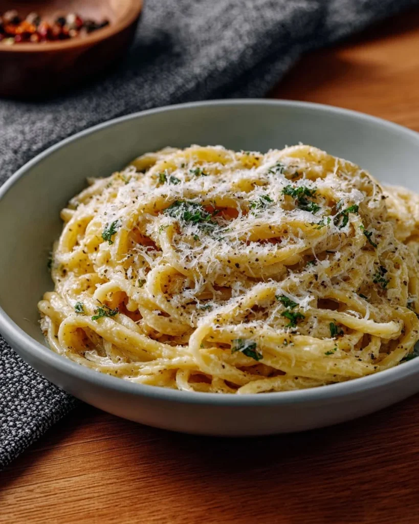 Delicious creamy garlic pasta garnished with herbs in a bowl