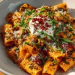 Creamy garlic tomato pasta garnished with fresh herbs and parmesan cheese