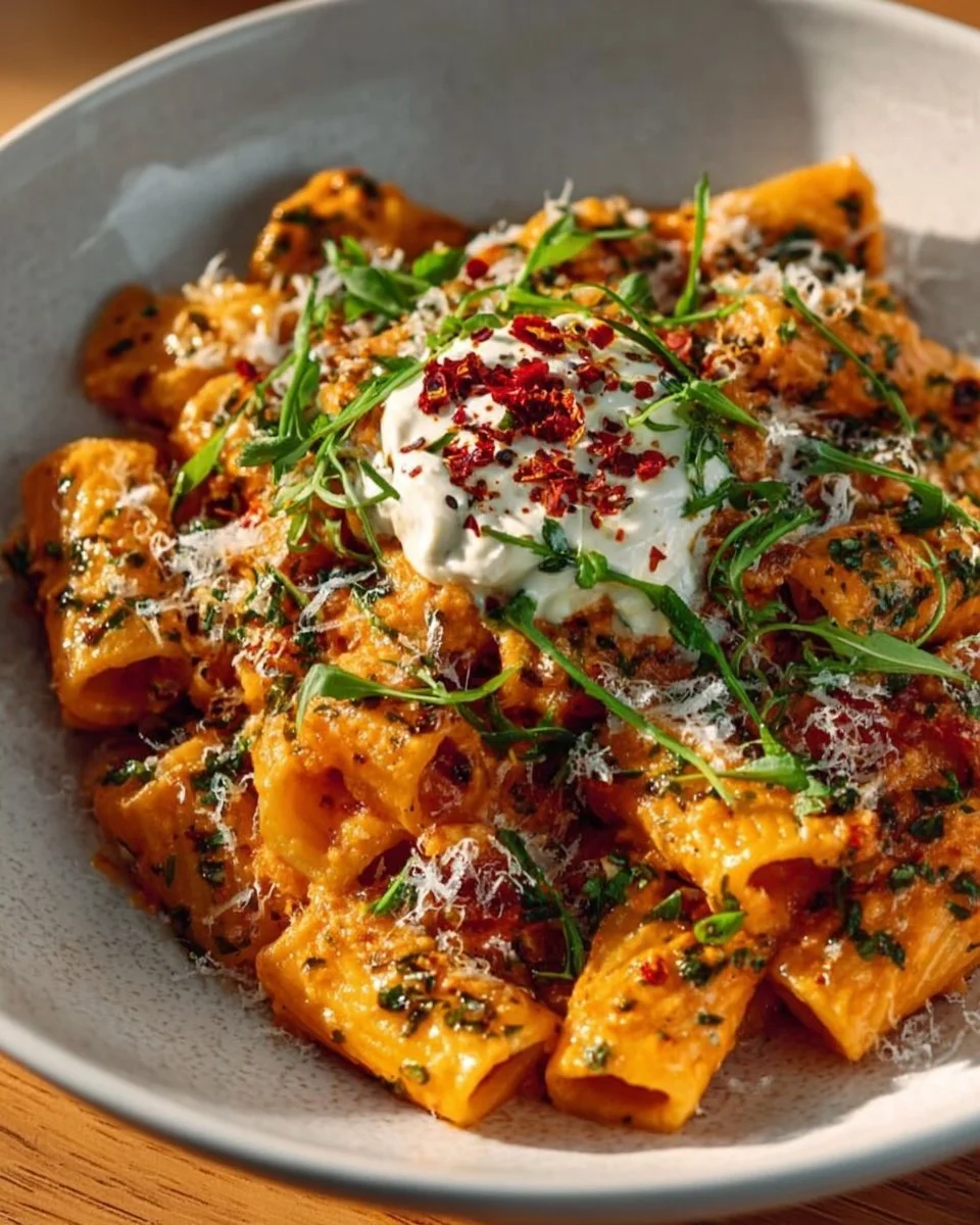 Creamy garlic tomato pasta garnished with fresh herbs and parmesan cheese