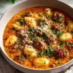 Creamy Italian sausage gnocchi soup served in a bowl with herbs.