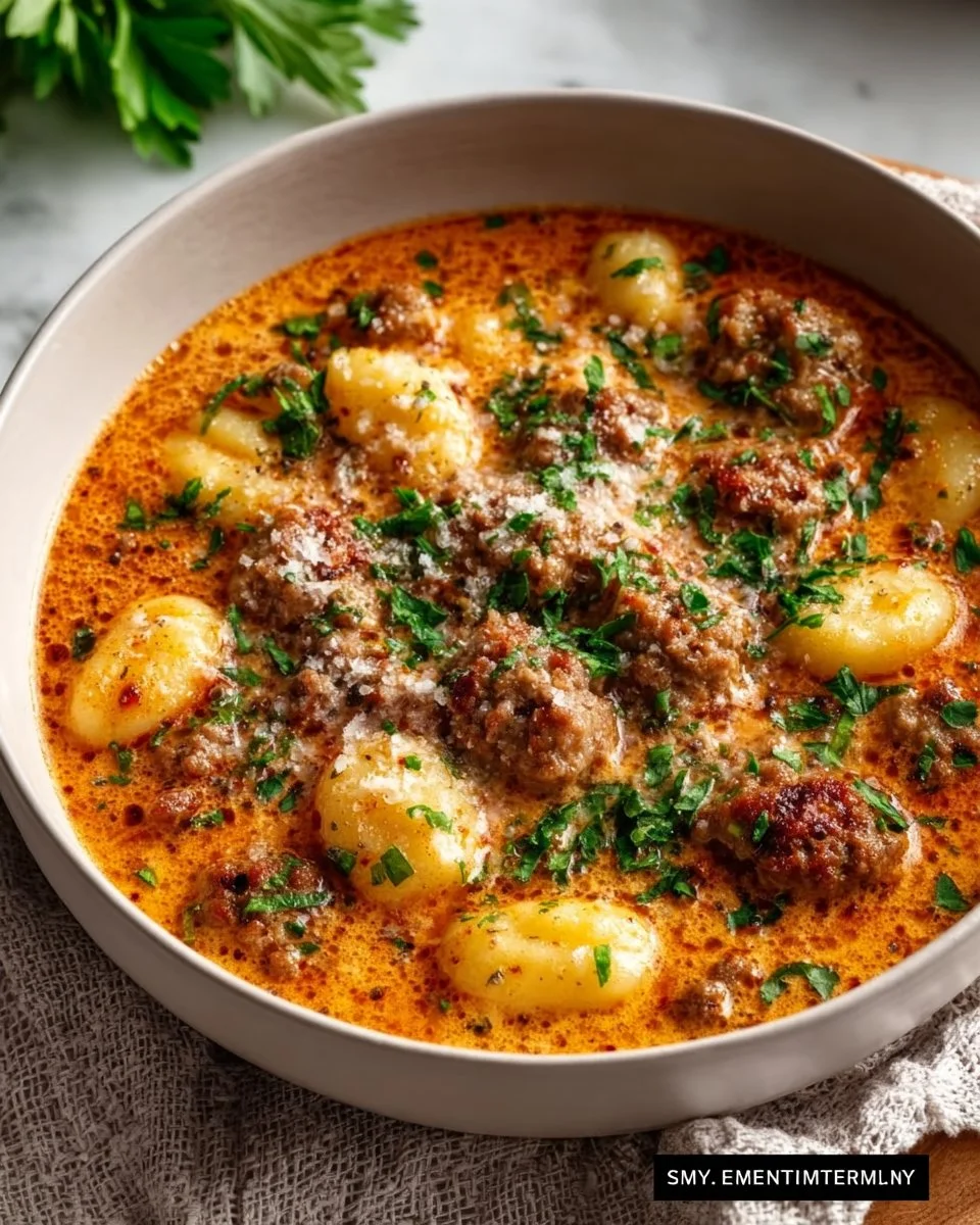 Creamy Italian sausage gnocchi soup served in a bowl with herbs.