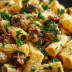 Creamy Italian Sausage Rigatoni served in a bowl, garnished with herbs
