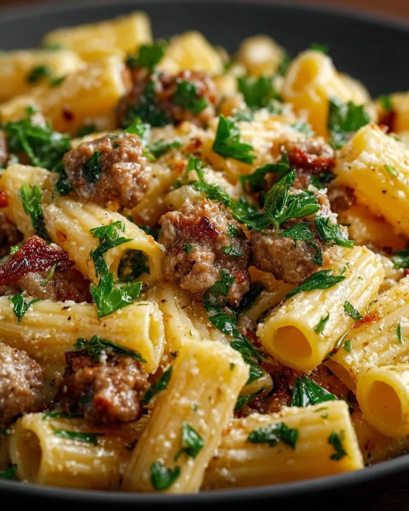 Creamy Italian Sausage Rigatoni served in a bowl, garnished with herbs