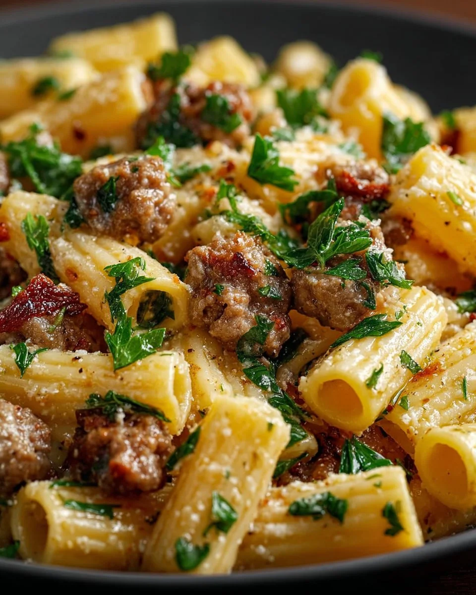 Creamy Italian Sausage Rigatoni served in a bowl, garnished with herbs