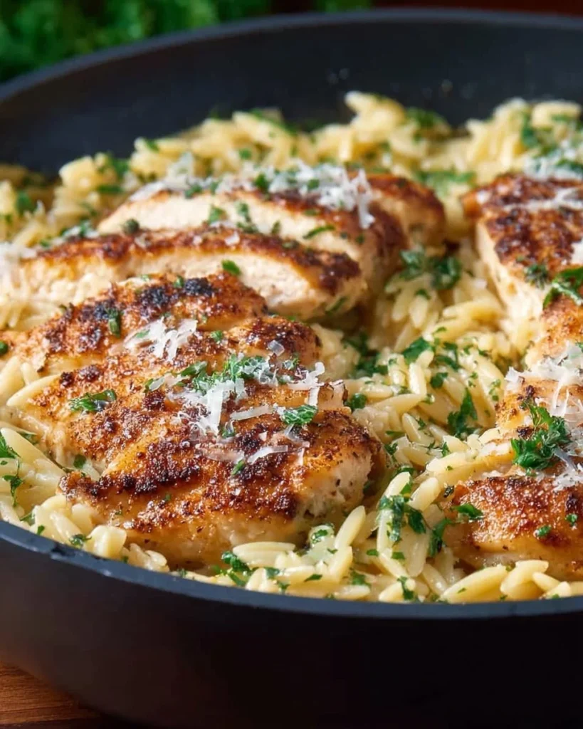 Creamy lemon chicken orzo pasta served in a bowl with fresh herbs