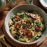 Creamy spinach and mushroom orzo in a bowl with fresh herbs on top.
