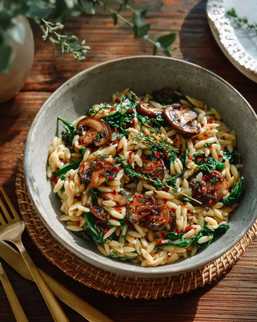 Creamy spinach and mushroom orzo in a bowl with fresh herbs on top.