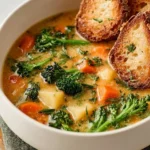 A bowl of creamy vegetable soup garnished with fresh herbs