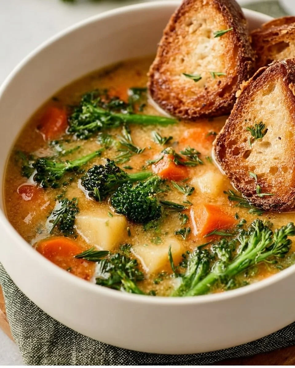 A bowl of creamy vegetable soup garnished with fresh herbs