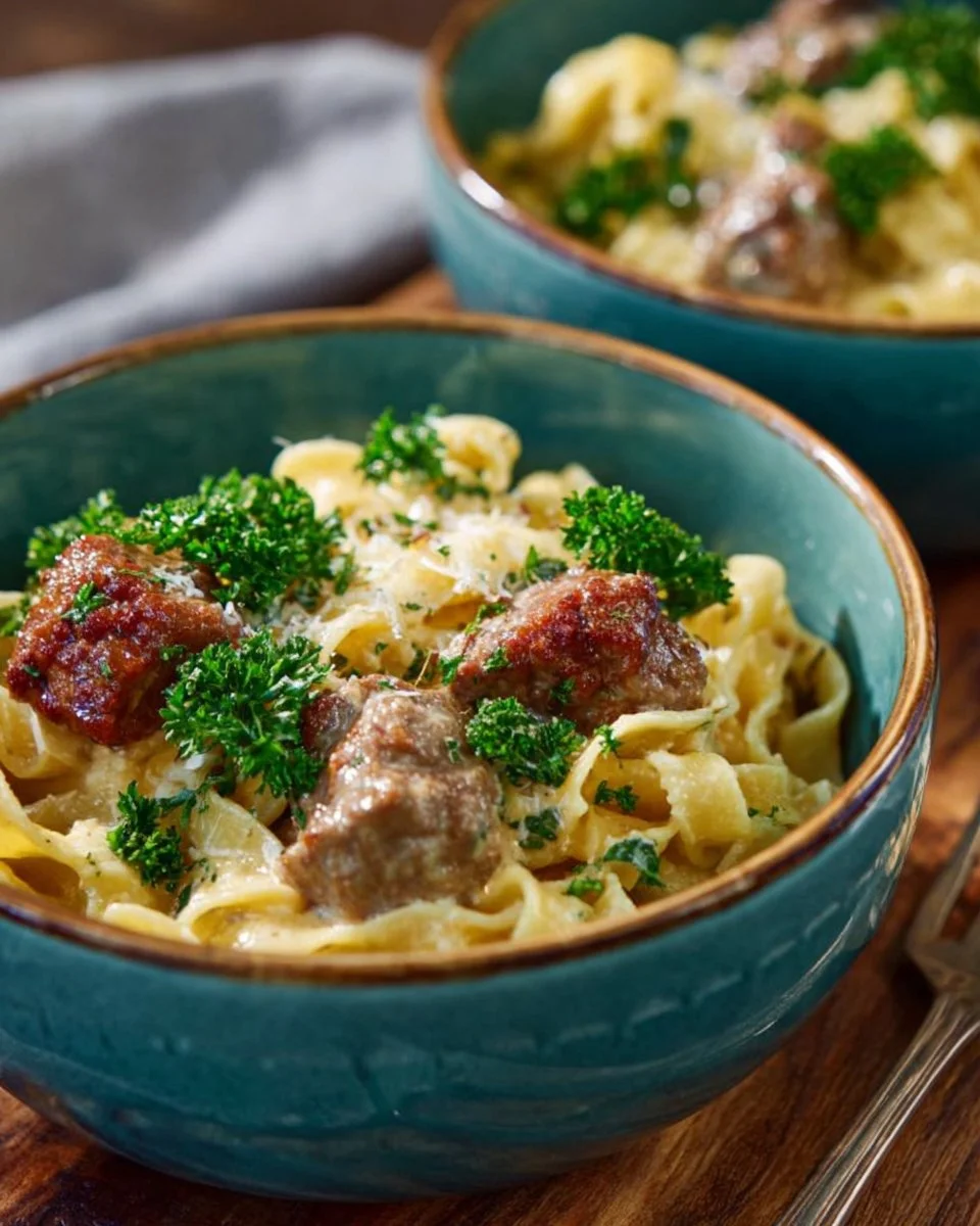 Crock Pot Beef Stroganoff served with pasta and garnished with parsley