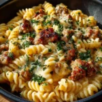 Crockpot Garlic Parmesan Chicken Pasta served in a bowl with herbs