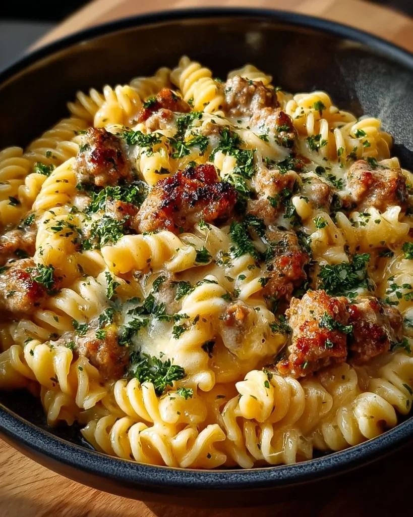 Crockpot Garlic Parmesan Chicken Pasta served in a bowl with herbs