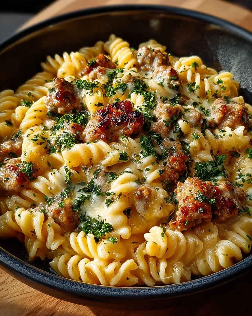 Crockpot Garlic Parmesan Chicken Pasta served in a bowl with herbs